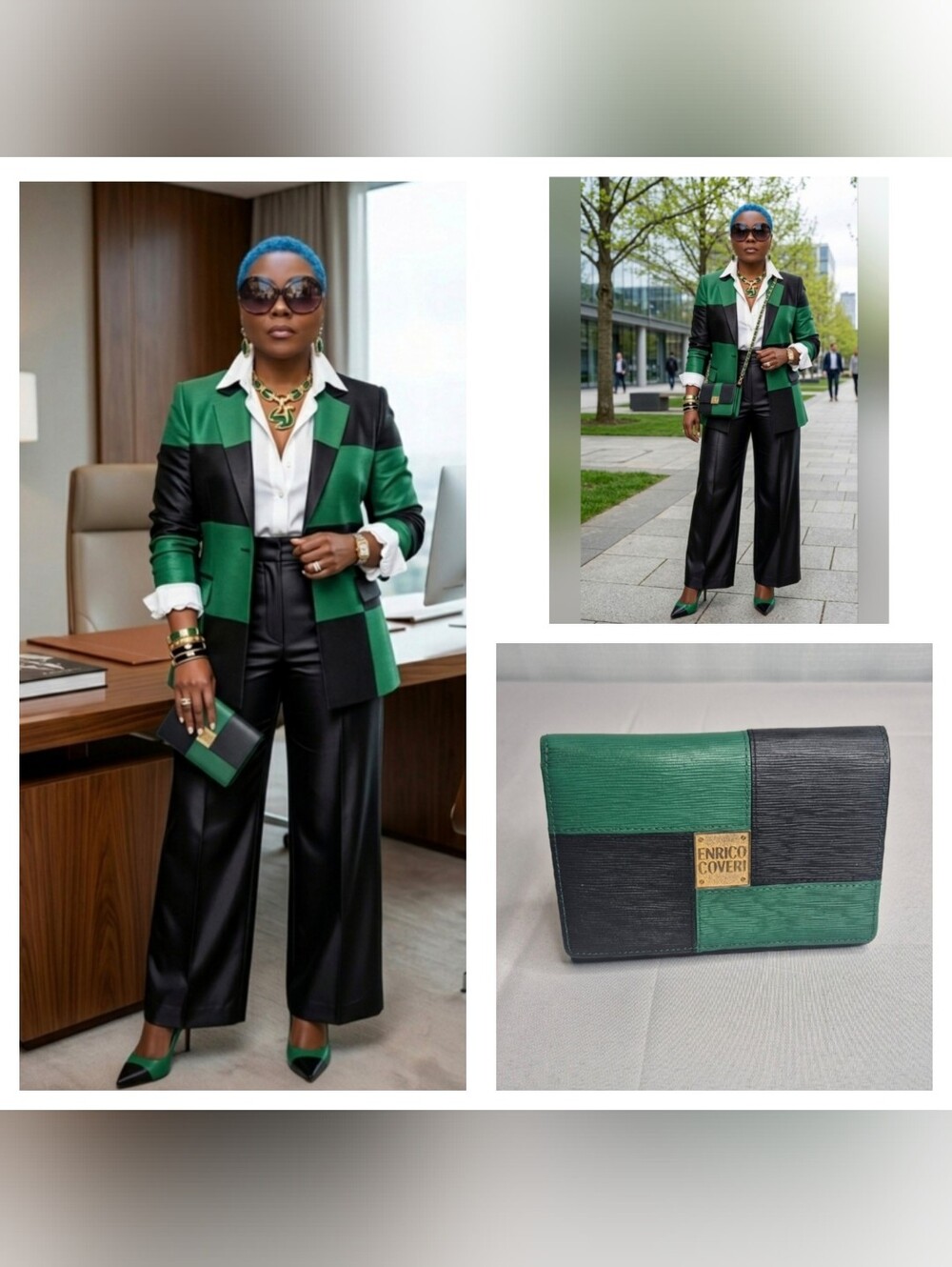 ENRICO COVERI Green & Black Colorblock Leather Wallet Made In Italy